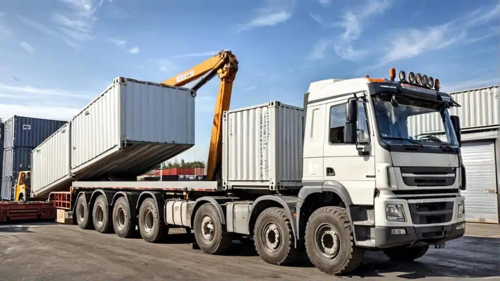 Camion porte-conteneurs en cours de chargement
